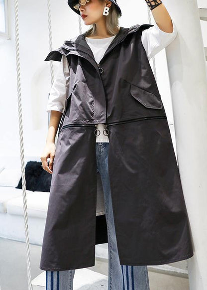 Luxury gray Coats Women plus size Coats sleeveless hooded zippered outwear - SooLinen