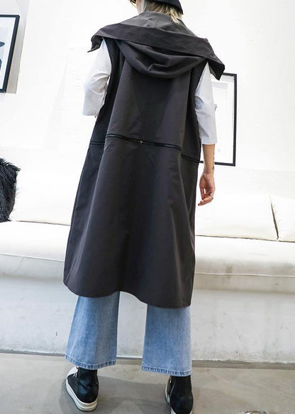 Luxury gray Coats Women plus size Coats sleeveless hooded zippered outwear - SooLinen