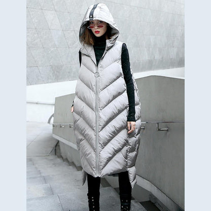 Luxus graue Daunenjacke lässiger Steppmantel mit Kapuze und Reißverschluss für Damen Ärmellose Oberbekleidung