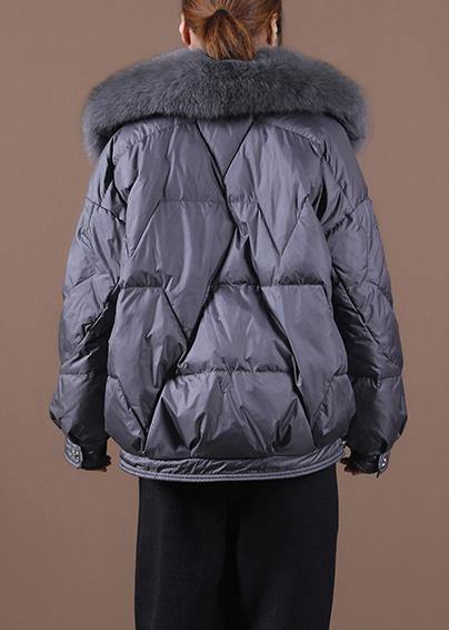 Luxury gray down jacket woman Loose fitting winter fur collar zippered hooded New Jackets - SooLinen