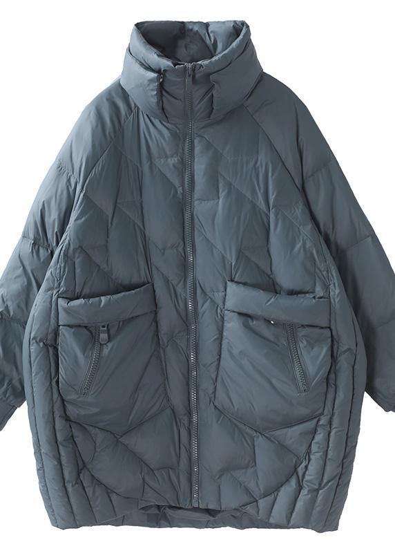 Luxury green duck down coat plus size clothing stand collar down jacket zippered Elegant overcoat - SooLinen