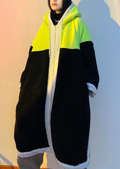 Luxury green fuzzy wool coat hooded patchwork coat - SooLinen
