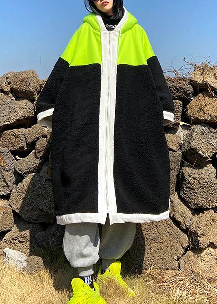 Luxury green fuzzy wool coat hooded patchwork coat - SooLinen