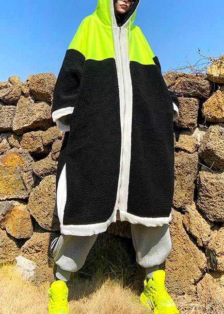 Luxury green fuzzy wool coat hooded patchwork coat - SooLinen