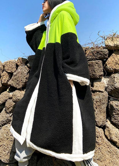 Luxury green fuzzy wool coat hooded patchwork coat - SooLinen