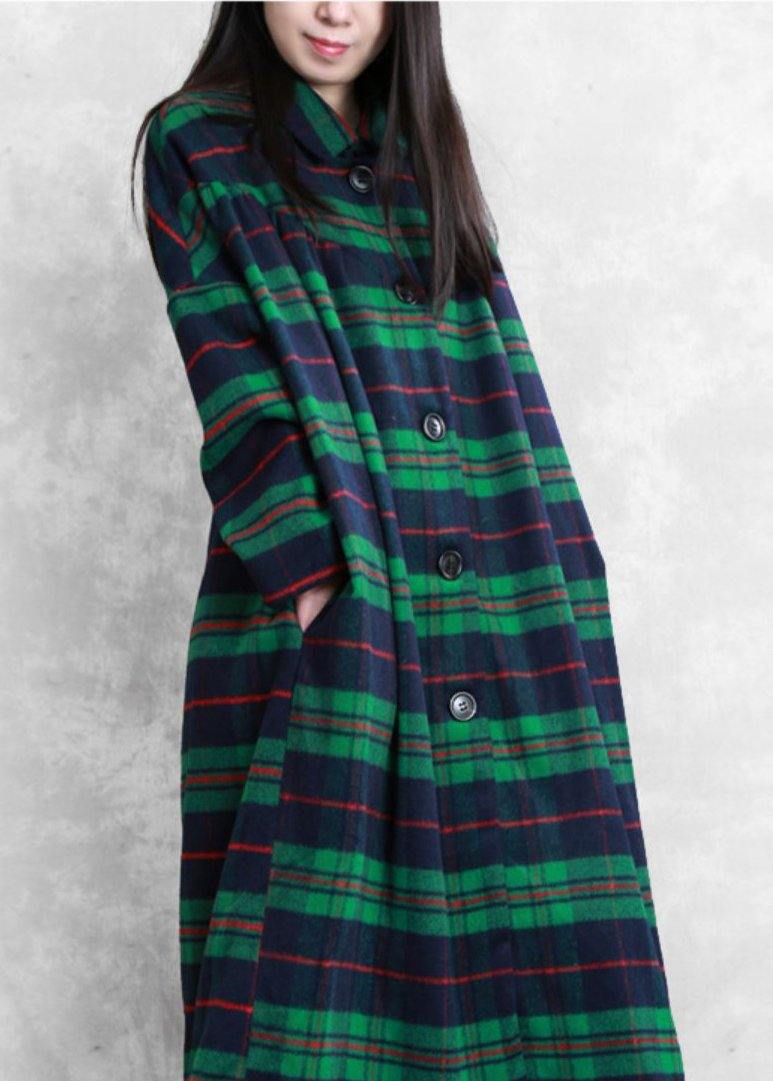 Luxury green plaid wool coat for woman casual Coats women Notched pockets coats - SooLinen