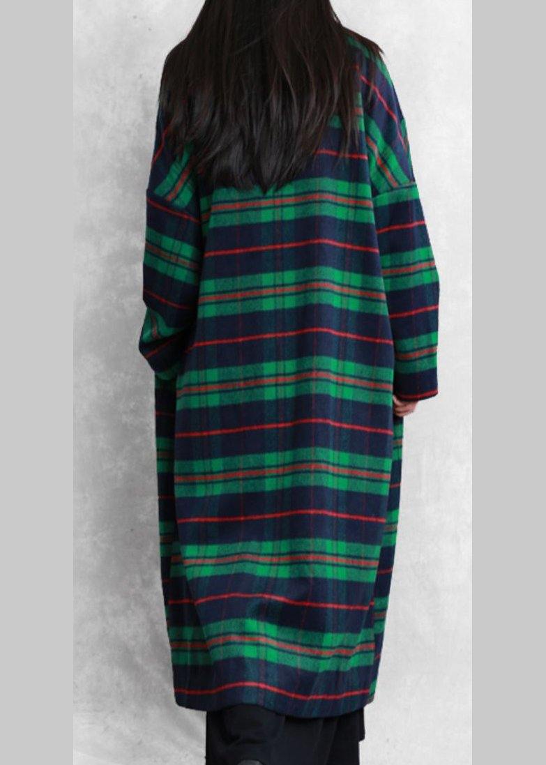 Luxury green plaid wool coat for woman casual Coats women Notched pockets coats - SooLinen
