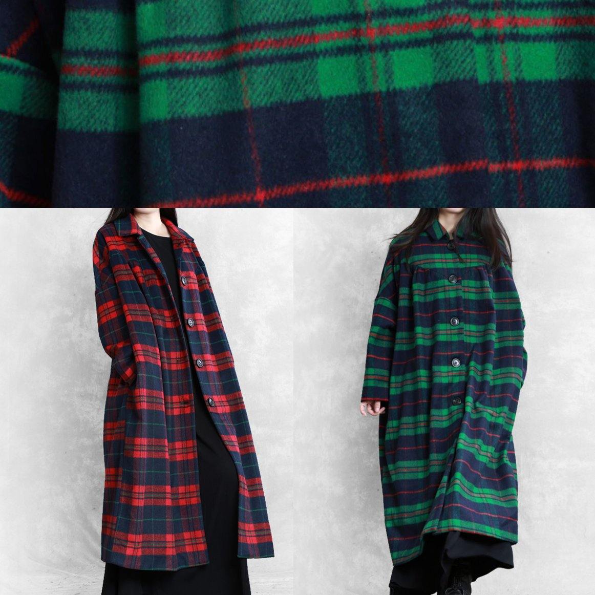 Luxury green plaid wool coat for woman casual Coats women Notched pockets coats - SooLinen