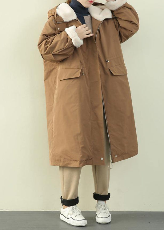 Luxury khaki casual outfit plus size clothing down jacket hooded zippered winter outwear - SooLinen