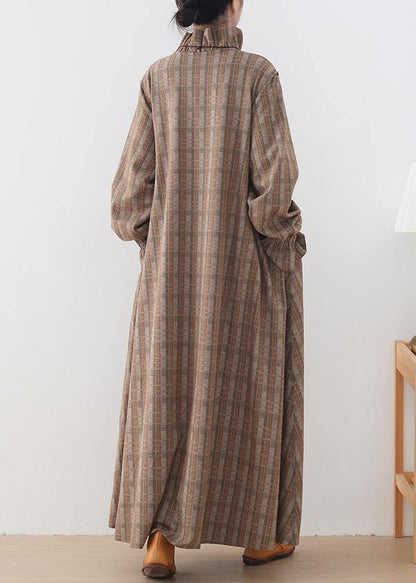 Luxury khaki plaid Wool jackets trendy plus size mid-length coats stand collar Button Down coat - SooLinen
