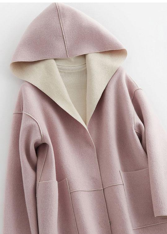 Luxury oversize winter coat hooded woolen outwear pink pockets wool coat - SooLinen
