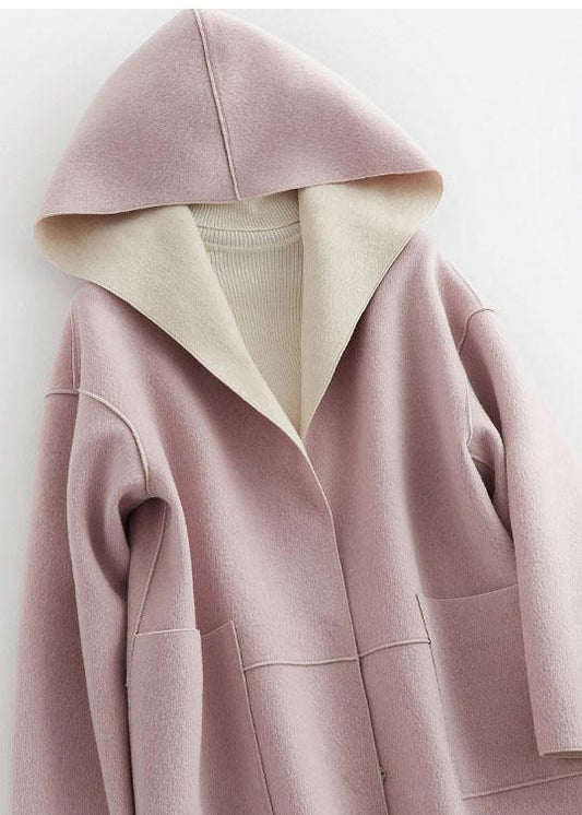 Luxury oversize winter coat hooded woolen outwear pink pockets wool coat - SooLinen