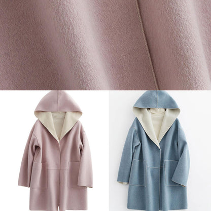 Luxury oversize winter coat hooded woolen outwear pink pockets wool coat - SooLinen