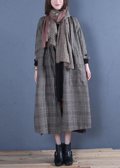 Luxury oversized long winter coat fall gray plaid drawstring coat - SooLinen