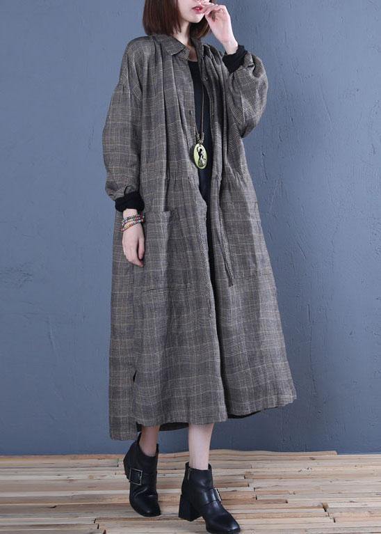 Luxury oversized long winter coat fall gray plaid drawstring coat - SooLinen