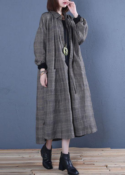 Luxury oversized long winter coat fall gray plaid drawstring coat - SooLinen