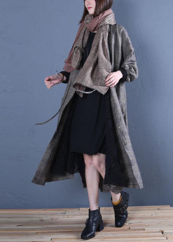 Luxury oversized long winter coat fall gray plaid drawstring coat - SooLinen