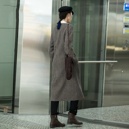 Luxuriöse, karierte Wolljacken in Übergröße mit Rundhalsausschnitt und langem Mantel mit Taillenbund