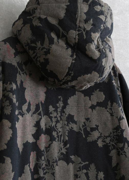 Luxury plus size snow coats black print hooded Button Down women parka - SooLinen