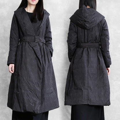 Luxury plus size womens parka coats black striped hooded tie waist down jacket woman - SooLinen