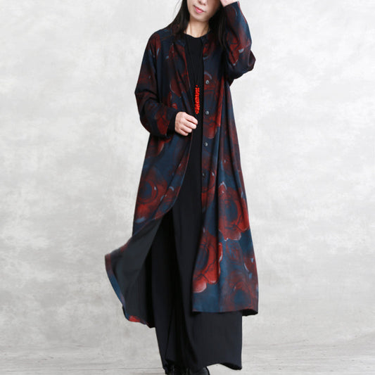 Luxus-Print-Baumwollmischung Mantel übergroße Taschen Outwear Mode Langarm Baggy Trenchcoat