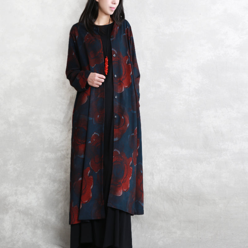 Luxus-Print-Baumwollmischung Mantel übergroße Taschen Outwear Mode Langarm Baggy Trenchcoat