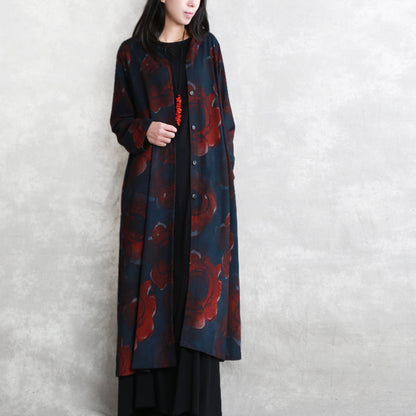 Luxus-Print-Baumwollmischung Mantel übergroße Taschen Outwear Mode Langarm Baggy Trenchcoat