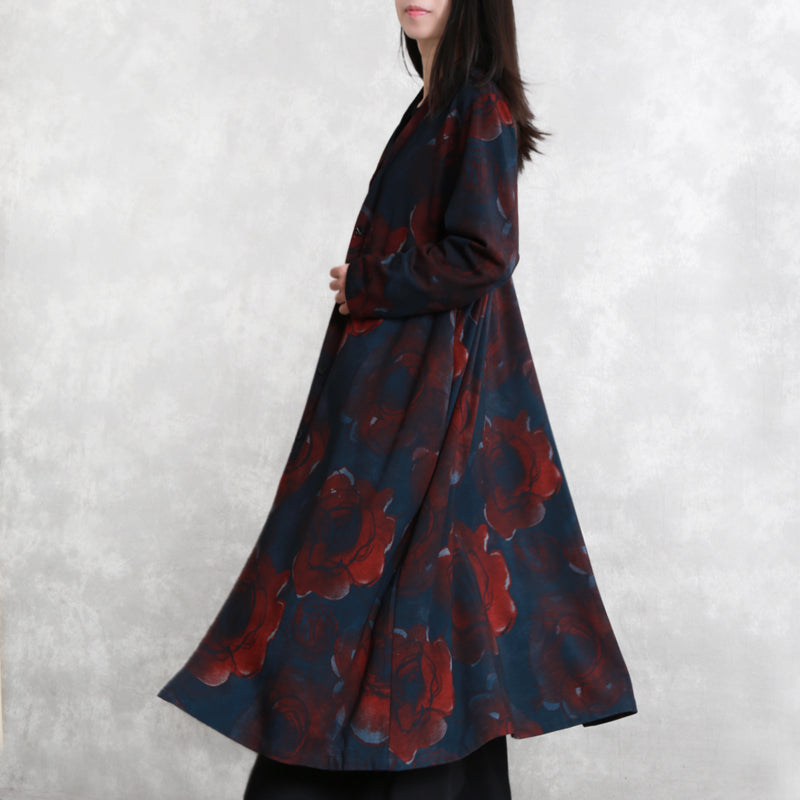 Luxus-Print-Baumwollmischung Mantel übergroße Taschen Outwear Mode Langarm Baggy Trenchcoat