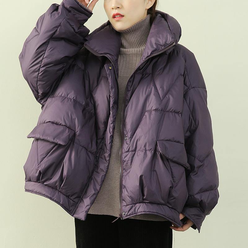 Luxury purple warm winter coat plus size snow stand collar zippered Fine outwear - SooLinen