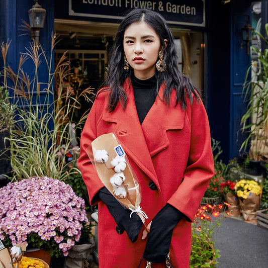 Luxuriöser roter Wollmantel, lässiger Maximantel mit Kerbe, zweireihige Wolljacken für Damen