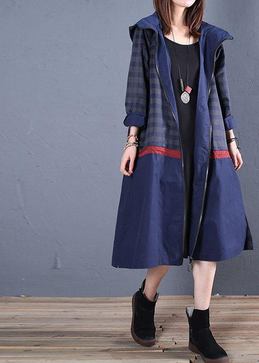 Luxury trendy plus size maxi coat fall blue hooded patchwork Coat - SooLinen