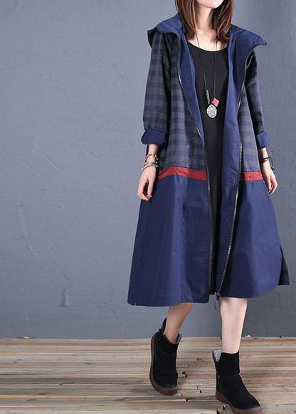 Luxury trendy plus size maxi coat fall blue hooded patchwork Coat - SooLinen