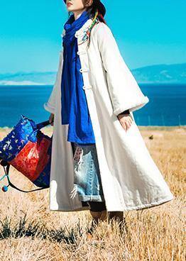 Luxury white winter coats Loose fitting warm winter coat embroidery faux fur collar outwear - SooLinen