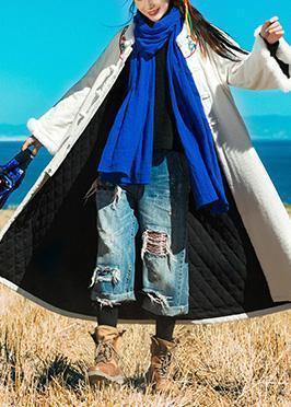 Luxury white winter coats Loose fitting warm winter coat embroidery faux fur collar outwear - SooLinen