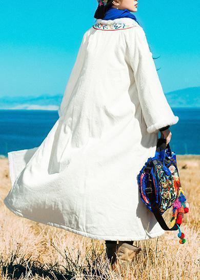 Luxury white winter coats Loose fitting warm winter coat embroidery faux fur collar outwear - SooLinen