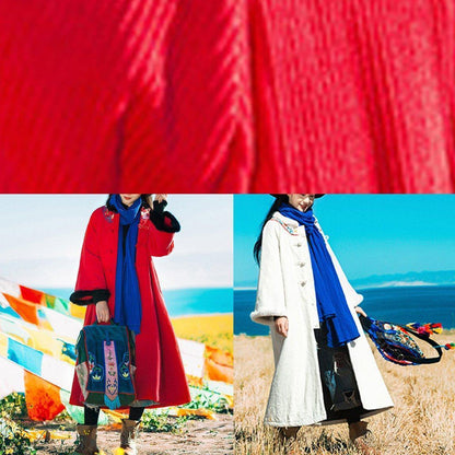 Luxury white winter coats Loose fitting warm winter coat embroidery faux fur collar outwear - SooLinen