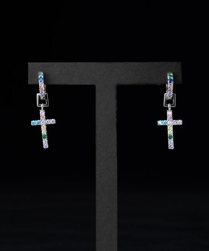 Pendientes de aro con cruz de circonita y arcoíris en plata de ley para hombre