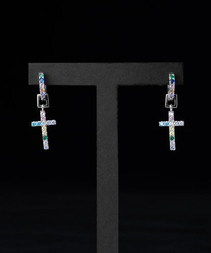 Pendientes de aro con cruz de circonita y arcoíris en plata de ley para hombre