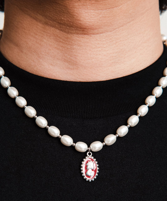 Men White Stainless Steel Pearl Enamel Drip Glaze Pendant Necklace