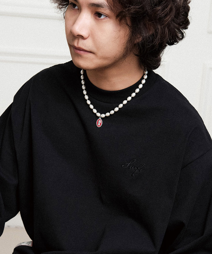 Men White Stainless Steel Pearl Enamel Drip Glaze Pendant Necklace