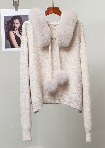 Milk Tea Color Fuzzy Ball Decorated Cozy Knit Sweater Hooded Winter
