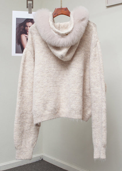 Milk Tea Color Fuzzy Ball Decorated Cozy Knit Sweater Hooded Winter