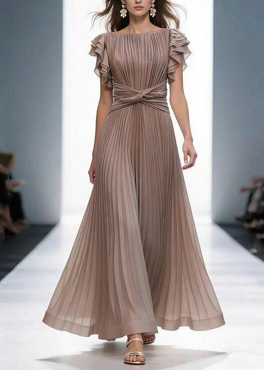 Mocha Elegant Queen Pleated Ruffle Sleeve Cross Waist Maxi Dress