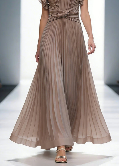 Mocha Elegant Queen Pleated Ruffle Sleeve Cross Waist Maxi Dress