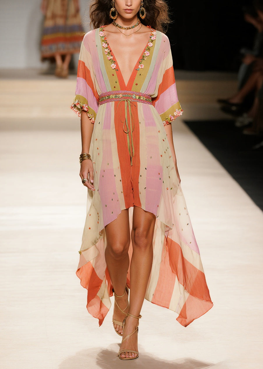 Modern Apricot Asymmetrical Print Chiffon Tunic Dress Summer