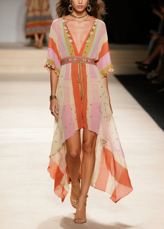Modern Apricot Asymmetrical Print Chiffon Tunic Dress Summer