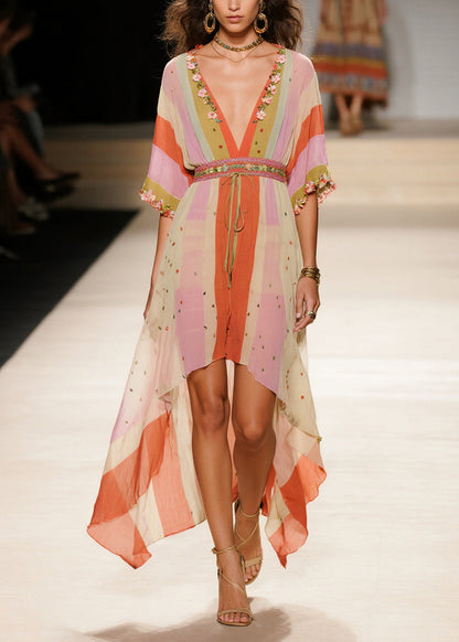 Modern Apricot Asymmetrical Print Chiffon Tunic Dress Summer