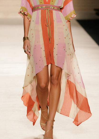 Modern Apricot Asymmetrical Print Chiffon Tunic Dress Summer
