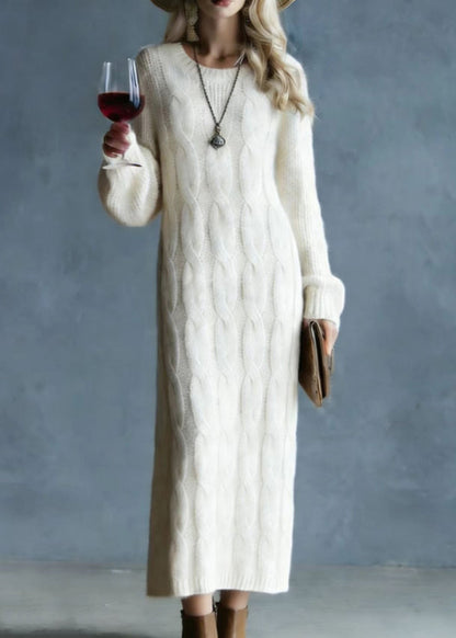 Modern Apricot O Neck Cozy Warm Knit Sweater Dress Spring