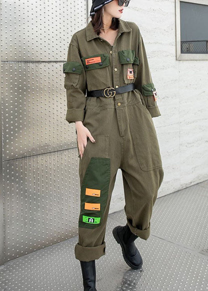 Modernes Army Green Peter Pan Kragen Taschen Knopf Herbst Denim Top Langarm